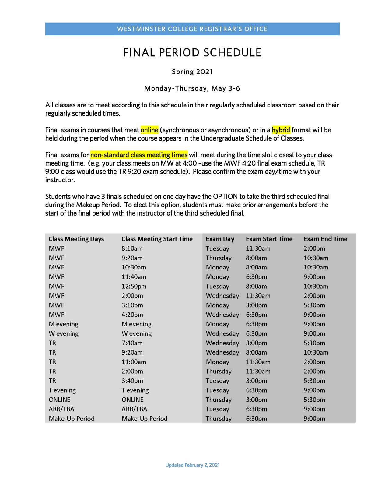 2021 Spring Final Exam Schedule